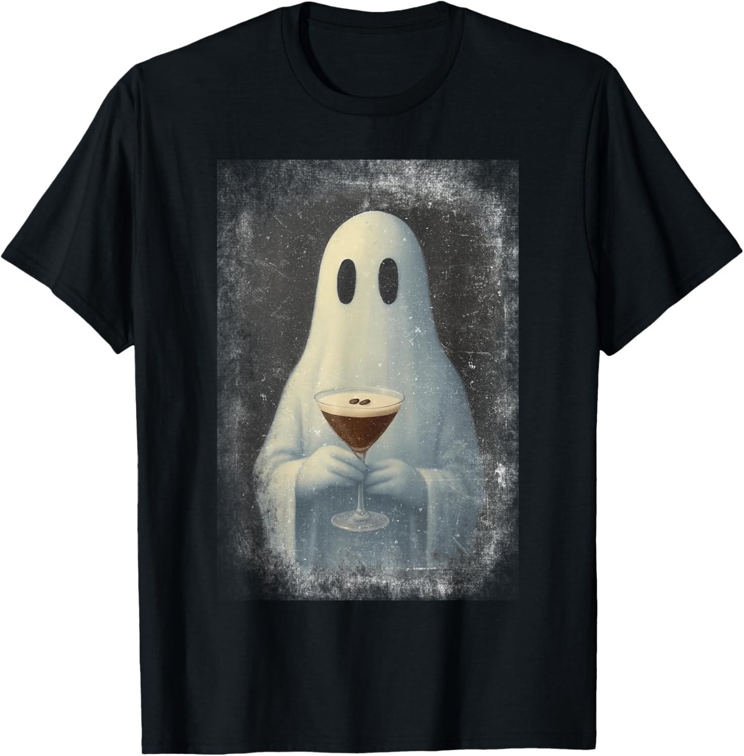 Ghost Drinking Espresso Martini Halloween Spooky Autumn Fall unisex T-Shirt Mens Womens Tees Top 2XL