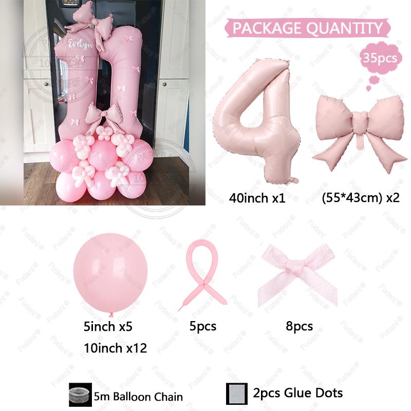 

35Pcs Princess Pink Theme Bow Digital Balloon Set for Girls Birthday Party Decoration Wedding Decor Photography Props Gifts As The Picture