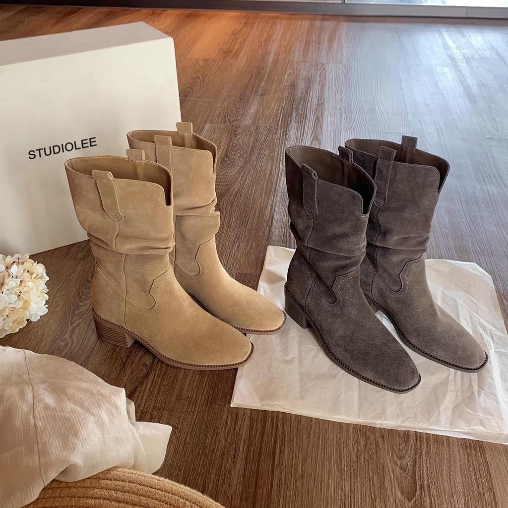 Cowhide grape mother with the same height increase of 8cm Korean round head V mouth thick heel thin pile short boots female western cowboy boots