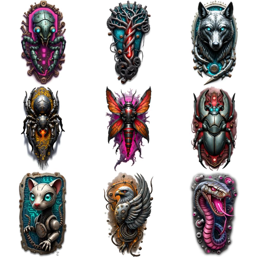 3pcs Temporary Tattoo Colorful Realism Mechanical Tree Stylized Moth Tech Wolf For Thighs Women Men