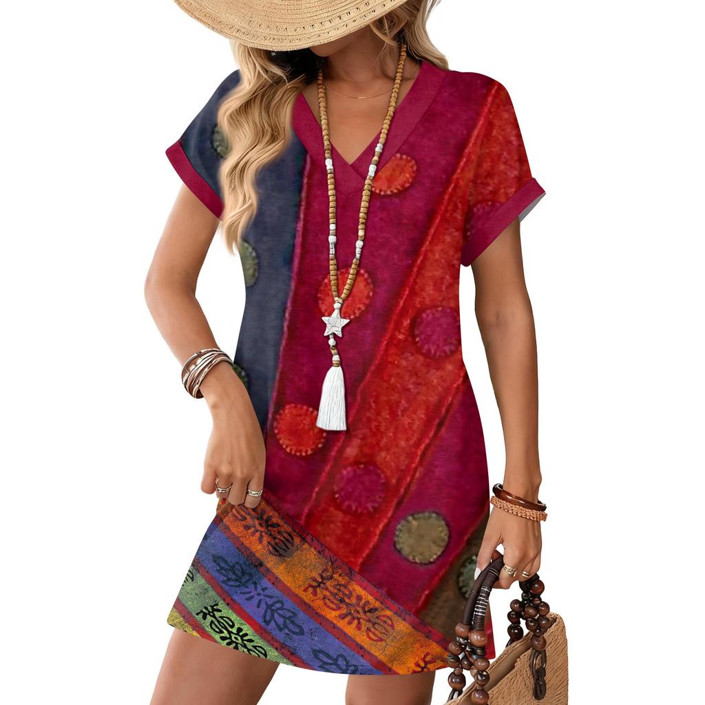 Women's Fashionable Floral Print V-neck Short Sleeved Pocket Casual Pullover Dress