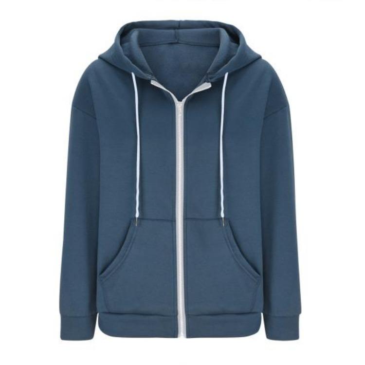 Women Loose Sport Hoodie Autumn Spring Coat with Hood Drawstring Long Sleeves Pockets Zip Up Elastic Cuff Hem