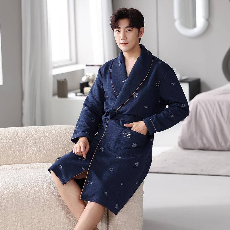 Men's Long Cotton Pajamas & Bathrobe - Thick, Three-Layer for Winter & Spring