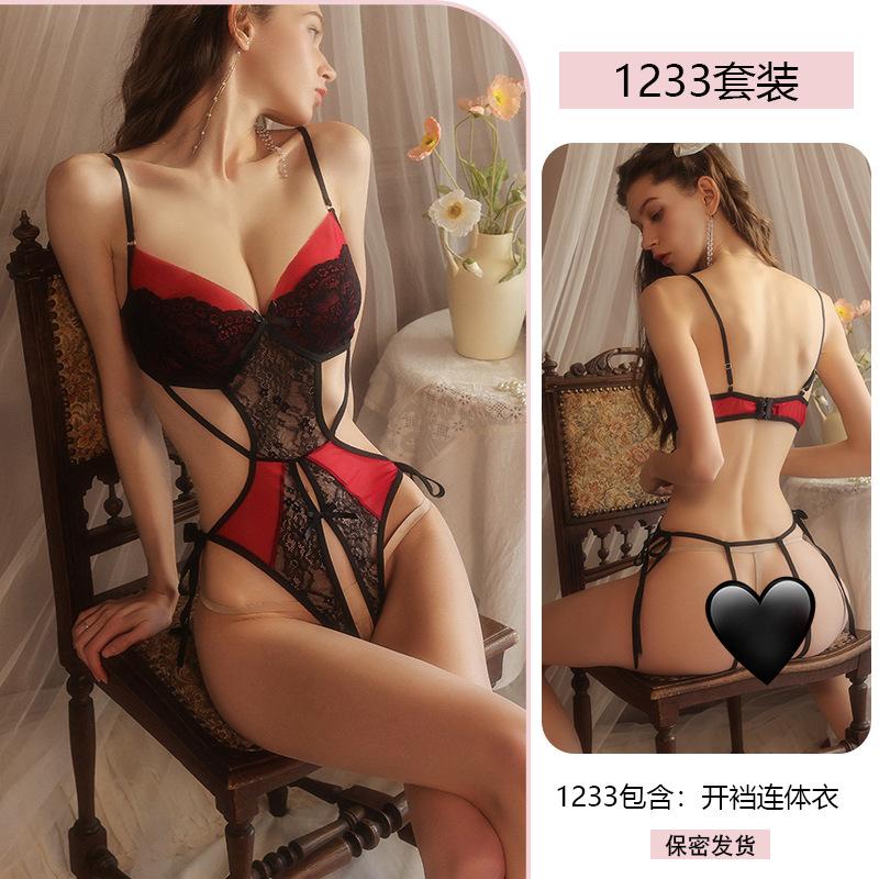 Yiyue Original Sex Underwear Sexy onesie Women's Open Crotch Uniform Lace Seduction Lace-up Large Size Pajamas 1111