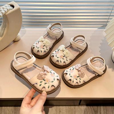 Sandali da Principessa da Ragazza Estate Chic Bambini Ricamo Sandali Hanfu Moda Dolce Fiore Bambini Ritagli Sandali Piatti Morbidi