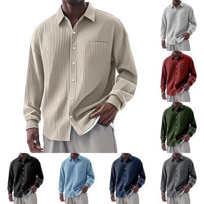 Men's Summer Solid Color Stripe Lapel Long Sleeved Shirt Men's Casual Fashion Long Sleeved Shirt