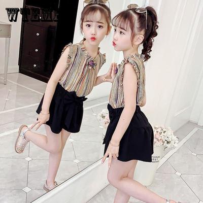 Ensemble de Vêtements pour Enfants 2 Pièces Printemps Été Costumes pour Filles Imprimé Sans Manches Rayures Hauts + Pantalon Ensemble de Vêtements