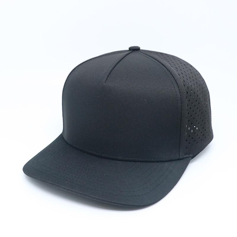 Unisex Custom 5-Panel Herringbone Laser Perforated Baseball Hat Adjustable Performance Solid Black Waterproof Sporty Image