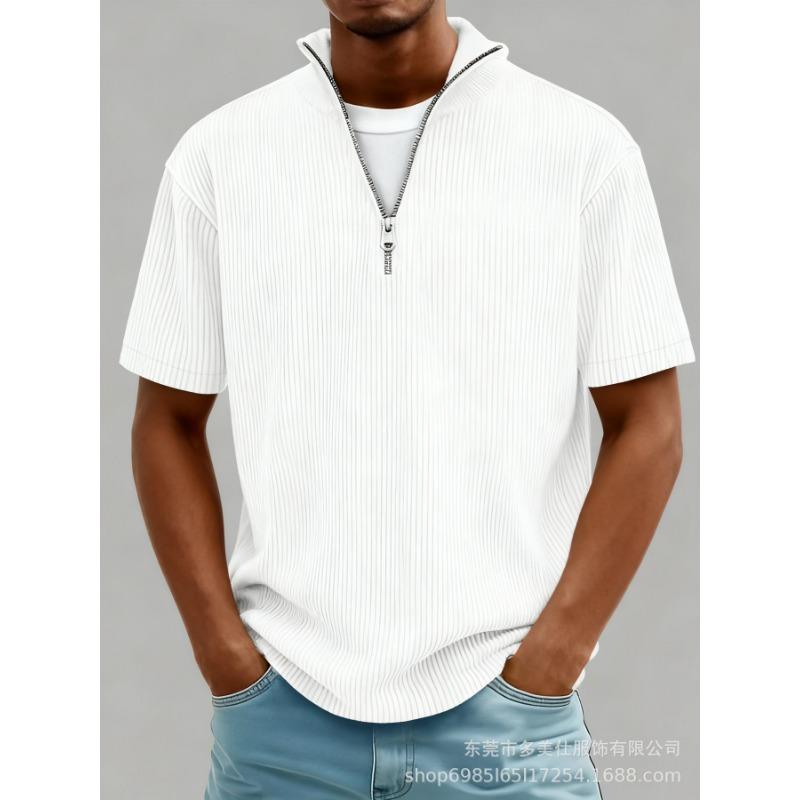 Mens Casual Solid Color Half Zip Stand Collar Short Sleeve T Shirt S