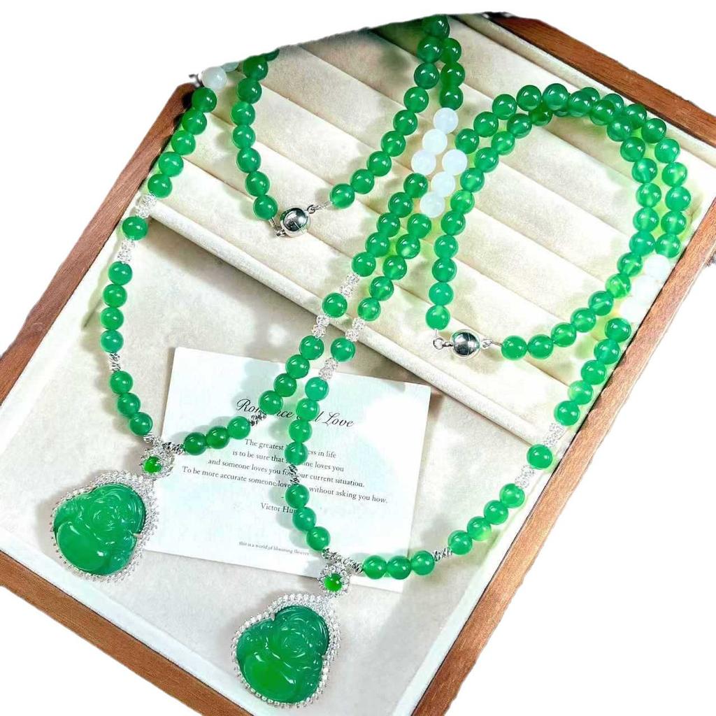 Retro Chinese-Style Lighting Glass Body Natural Green Chalcedony Buddha Male Agate Chain Necklace Women'S Basic Commuter Model