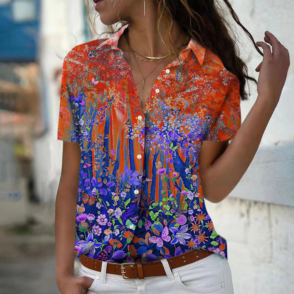 2025 Summer New Fashion Women's Butterfly Printed Short Sleeve V-neck Casual Button-down Shirt Top