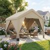 3 x 3 m Patio Gazebo with Netting & Curtains, Outdoor Canopy Shelter with Galvanised Steel Frame, Khaki