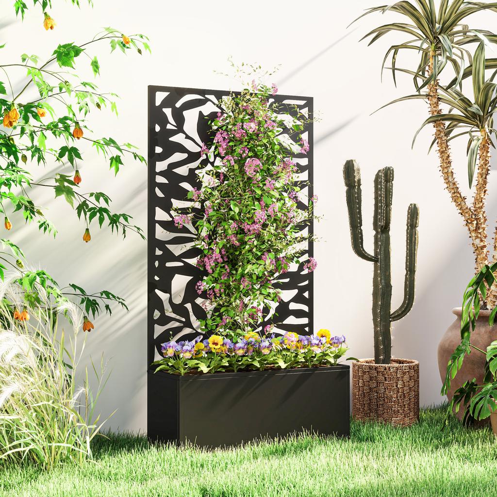Metal Garden Bed with Trellis, Wall Mounted or Freestanding Raised Planter with Privacy Panel, Black