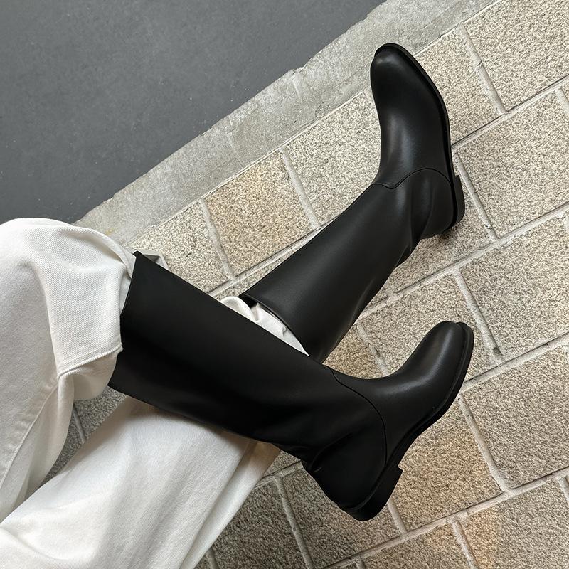 Annual payment~ 2025 winter full leather British style but knee knight boots European and American temperament loose low-heeled boots