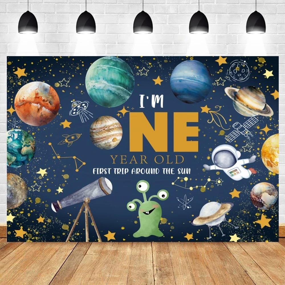Happy Birthday Party Decor Outer Space Photography Background Custom Astronaut Rocket Galaxy Planet Photo Kids Gift Baby Shower
