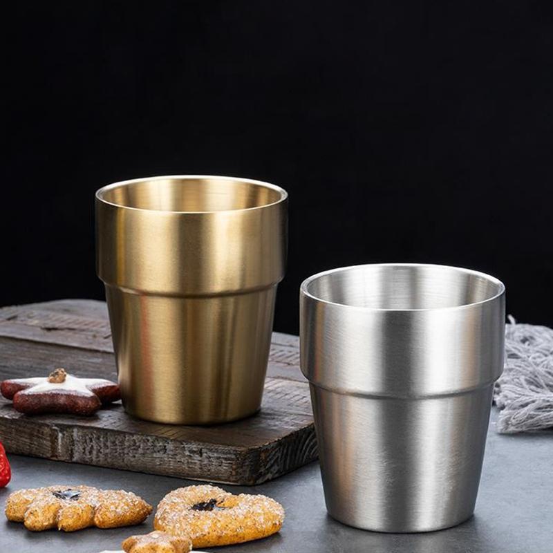 1ks 200ml/ 300ml Korejská matná nerezová ocel Dvojvrstvý šálek Izolovaný šálek na vodu Pivo šálky na pití kávy Zlaté stříbrné hrnky Nádobí