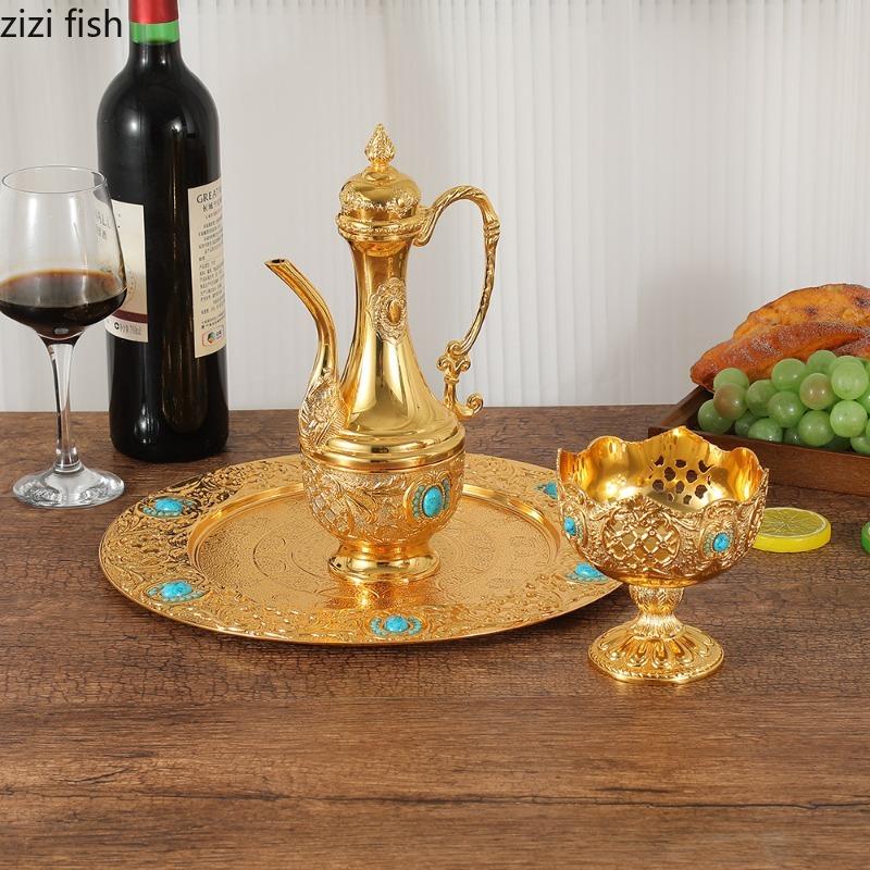 Metal Wine Set Flagon Wine Glass Storage Tray Wine Pot Wines Dispenser Goblet Offering Cups Emergency Kit Barware Bar Sets
