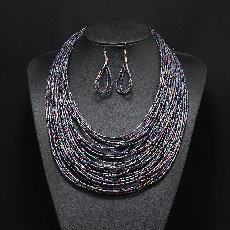 Bohemian multi-layer rice beads short necklace earrings retro exaggerated personality women's sweater chain accessories
