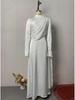 2025 European American Women's Pleated Irregular White Long Sleeve Slim Fit Dress