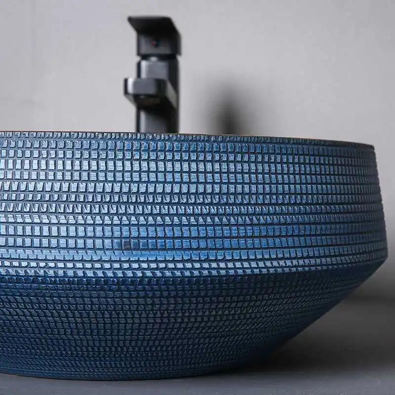 Light Luxury Nordic Bathroom Basin Metal Glaze Ceramic Blue Bathroom Furniture Household Wash Basin Outdoor Balcony Washbasin