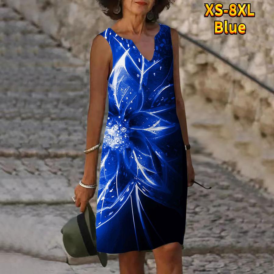 Women V Neck Summer A Flower with Green Glowing Stamens Print Dress Casual Sleeveless Fashion Casual Loose Sexy Dresses Plus Size XS-8XL