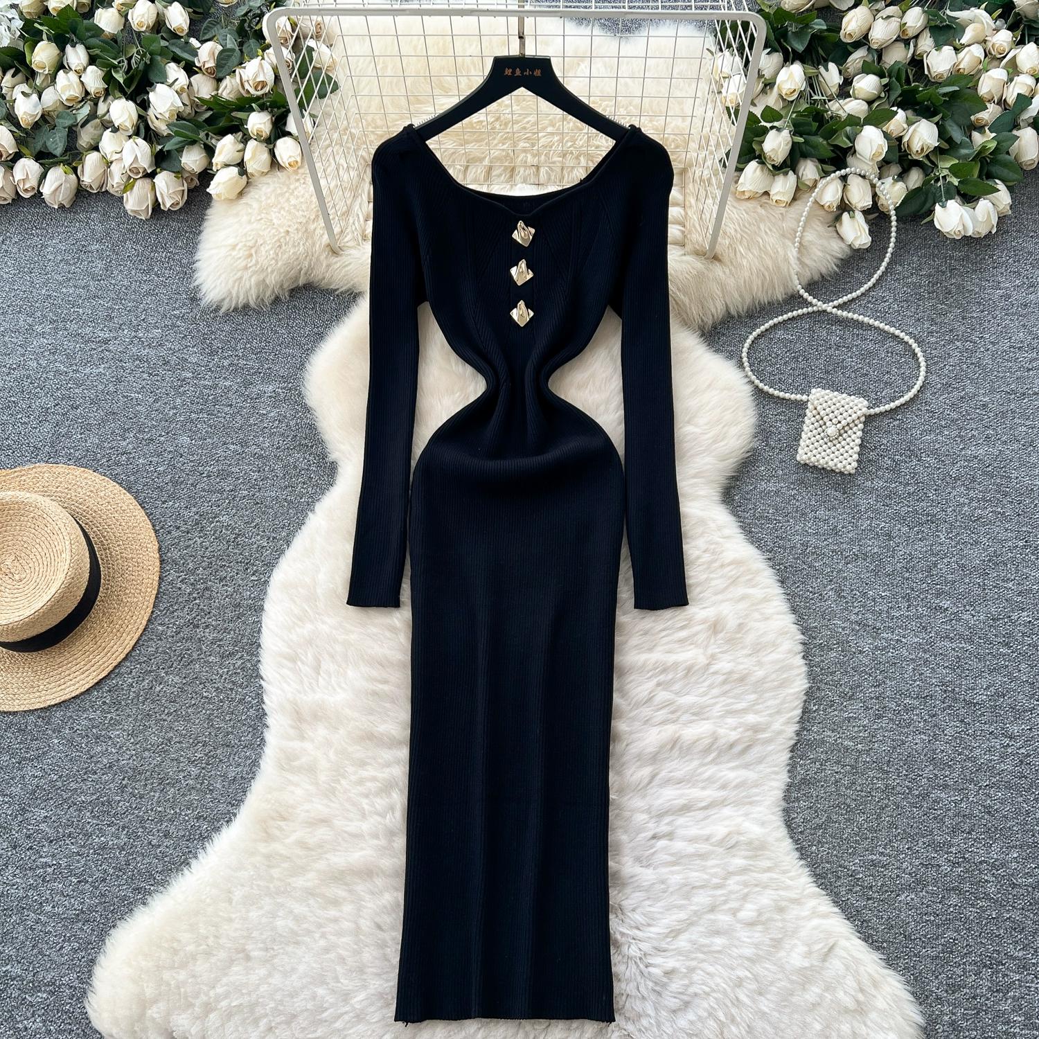 

Осень Весна Женский Свитер с квадратным вырезом и длинными рукавами, Длинное Миди, Вязаный, Для офиса, Работа, Облегающее платье-пуловер One size чёрный