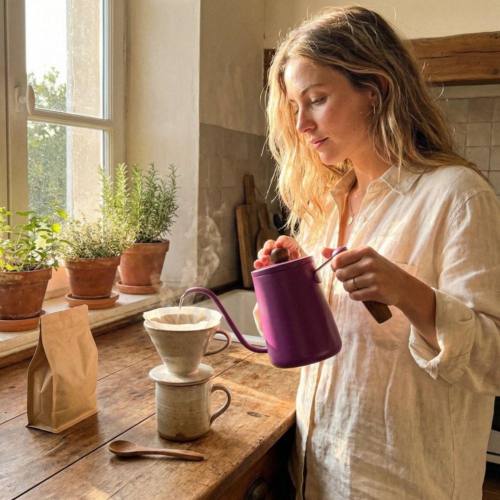 600ML Pour Over Coffee Kettle Wood Handle Stainless Steel Goose Neck Coffee Pot Anti-scald with Scale Hand Brewing Kettle Cafe