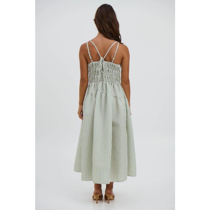 Women Sexy Loose Striped Suspender High Waist Slimming Commuting Midi Dress