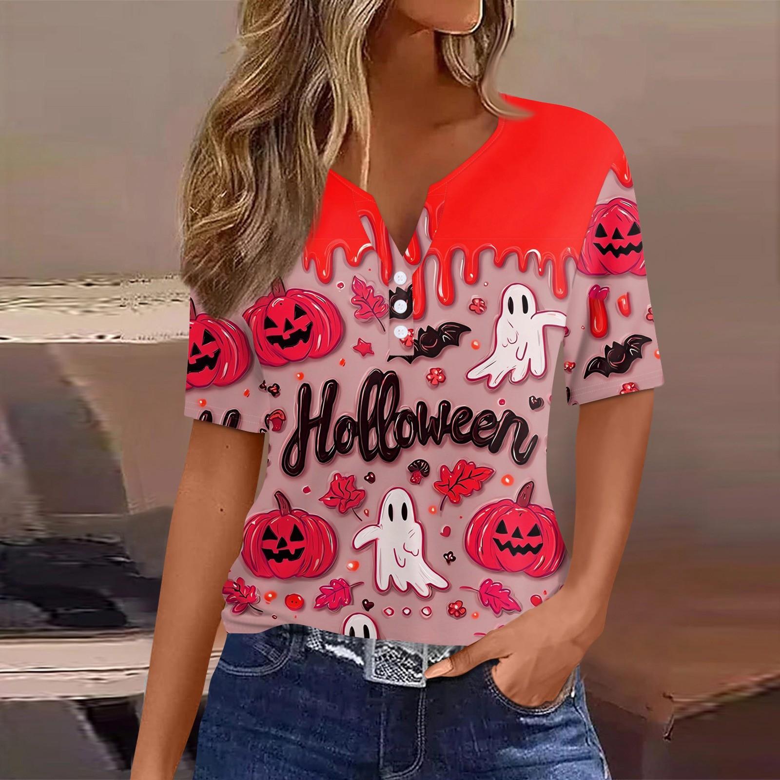 

Женская футболка с принтом на Хэллоуин, на пуговицах, с коротким рукавом, повседневная, для выходных, модная, базовая, с V-образным вырезом, обычный топ XXL киноварь