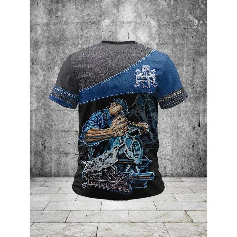 Summer Round Neck Mechanic T-shirts 3D Print Mechanic Engine Graphic Top Fashionable Casual Short Sleeved  Men's T-shirts