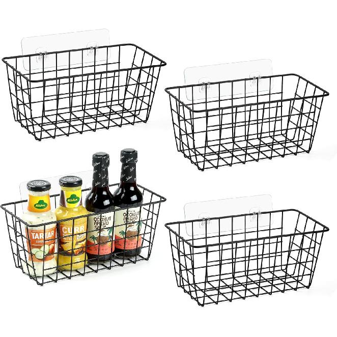 2 Pack Hanging Kitchen Baskets, Adhesive Wire Wall Storage Basket, No Drilling Hanging Fruit Baskets, Cabinet Door Organizer for Kitchen Bathroom