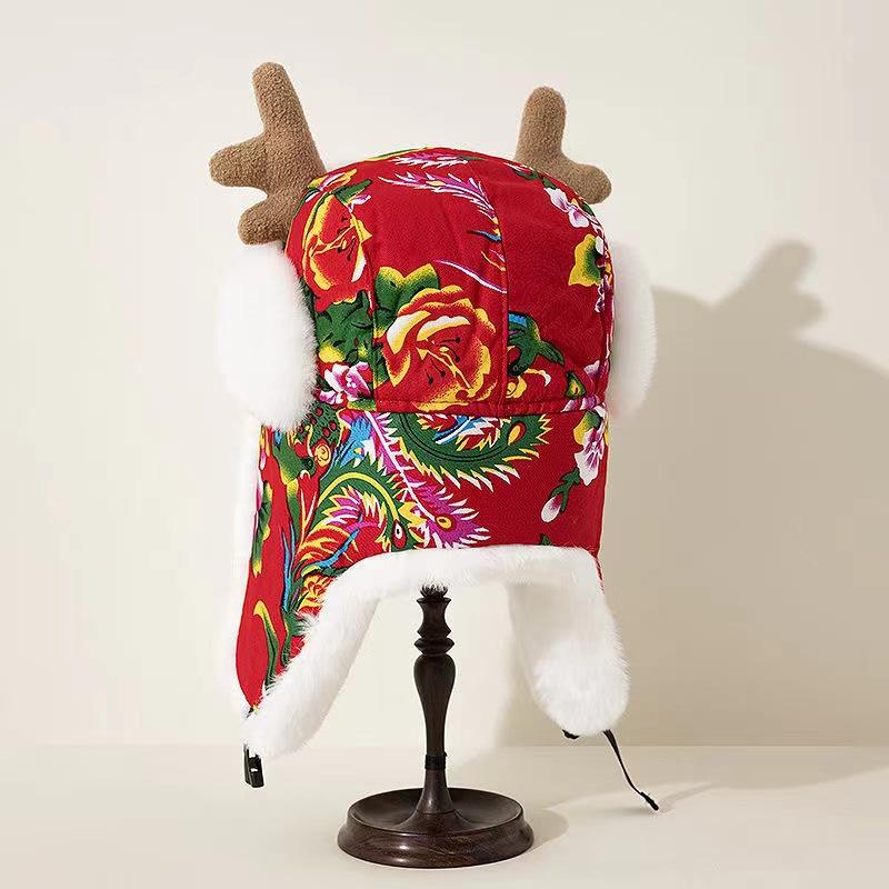 New antlers, big flower Lei Feng hat in the three eastern provinces, women's winter warm ear protection, ethnic wind plush thickened warm and cold hat
