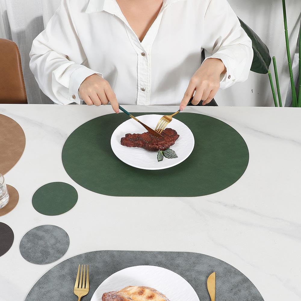 Nordic ins cowhide leather placemat two-color tableware oval dining table western food plate anti-scalding heat insulation pad waterproof