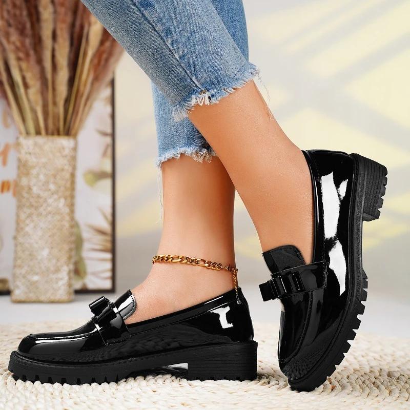 Retro Lakierowane Pojedyncze Buty Jesień Nowe Casualowe Modne Zestaw Stopy Kokarda Motylkowa Dekoracja Jednolity Kolor Damskie Buty