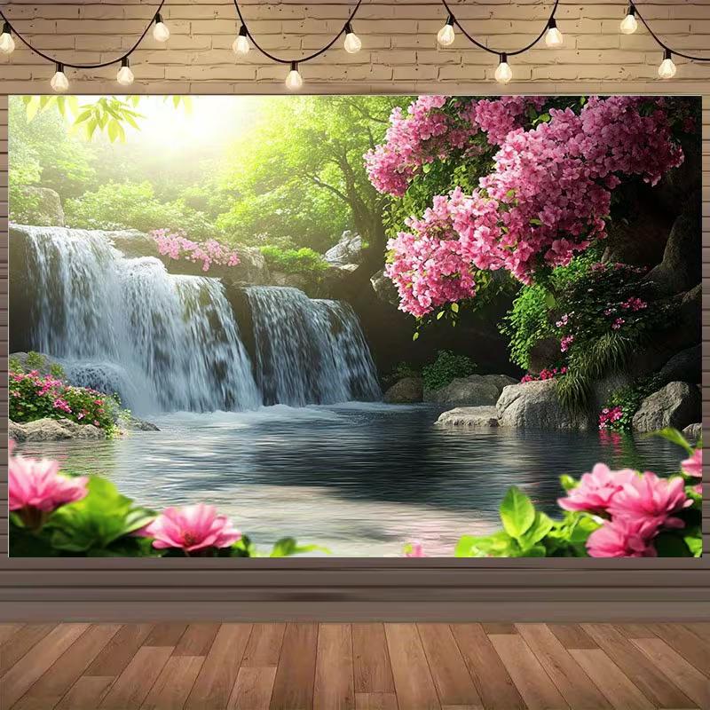 2D Serene Forest Waterfall Backdrop Blooming Nature Photography Background