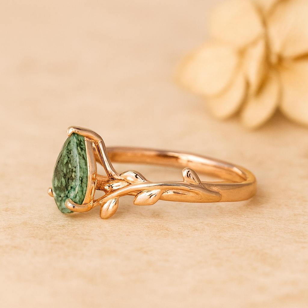 Anello Agata Muschio Pera – Anello Vintage con Fascia Foglia – Anello di Fidanzamento con Pietra Preziosa Verde a Goccia – Gioiello in Argento Sterling 925 Placcato Oro Rosa Regalo