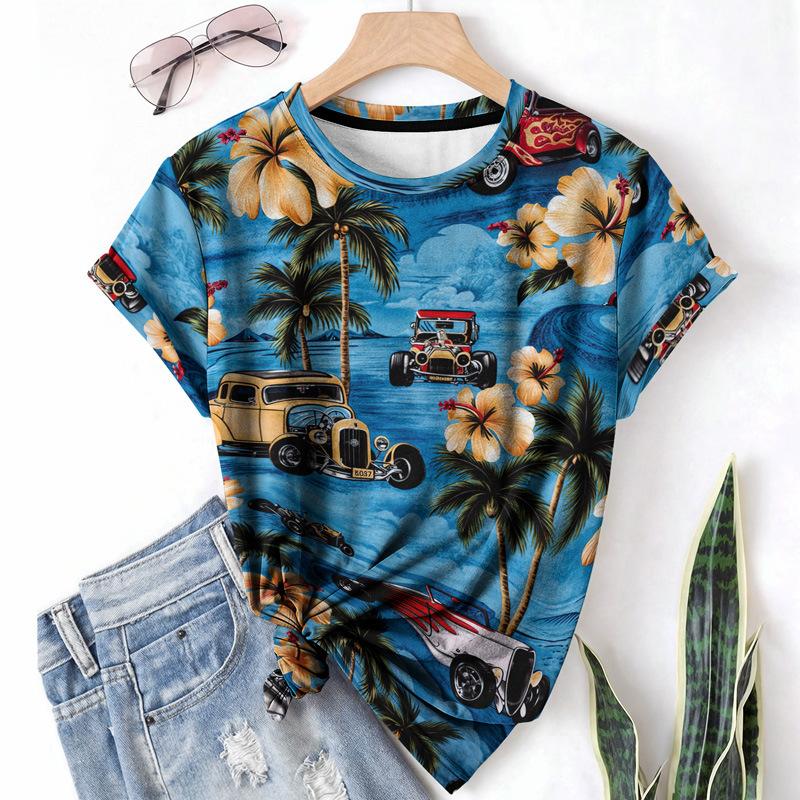 

Летняя женская футболка Топ Круглый вырез Короткий рукав Растение Серфинг Коричневый Дерево павловнии Легкая Повседневная одежда Рубашка 6XL