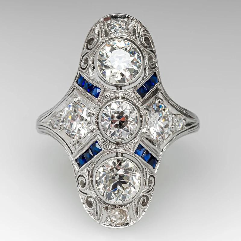 Huitan Gorgeous Wide Rings for Women Unique Design Blue/Green CZ Hollow Rings Vintage Accessories Daily Wear Party Lady Jewelry