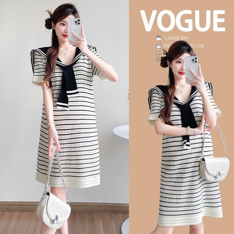 

Navy Striped Korean Style Maternity Summer Dress, Casual Loose Fit, Slimming Ice Silk Knit with Hollowed-Out Details S up to 98 cm белый