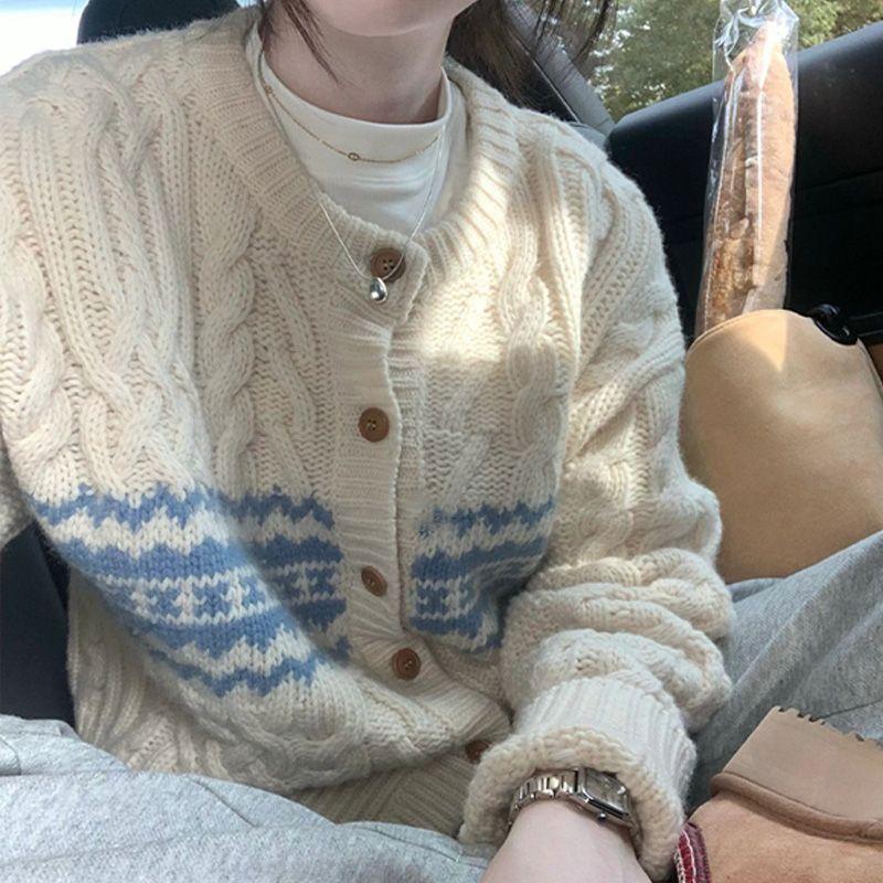 Svetr kardigan kabát pro ženy z ovčí vlny v retro barevném kontrastu, japonský ležérní styl, volný, smažené koblížky