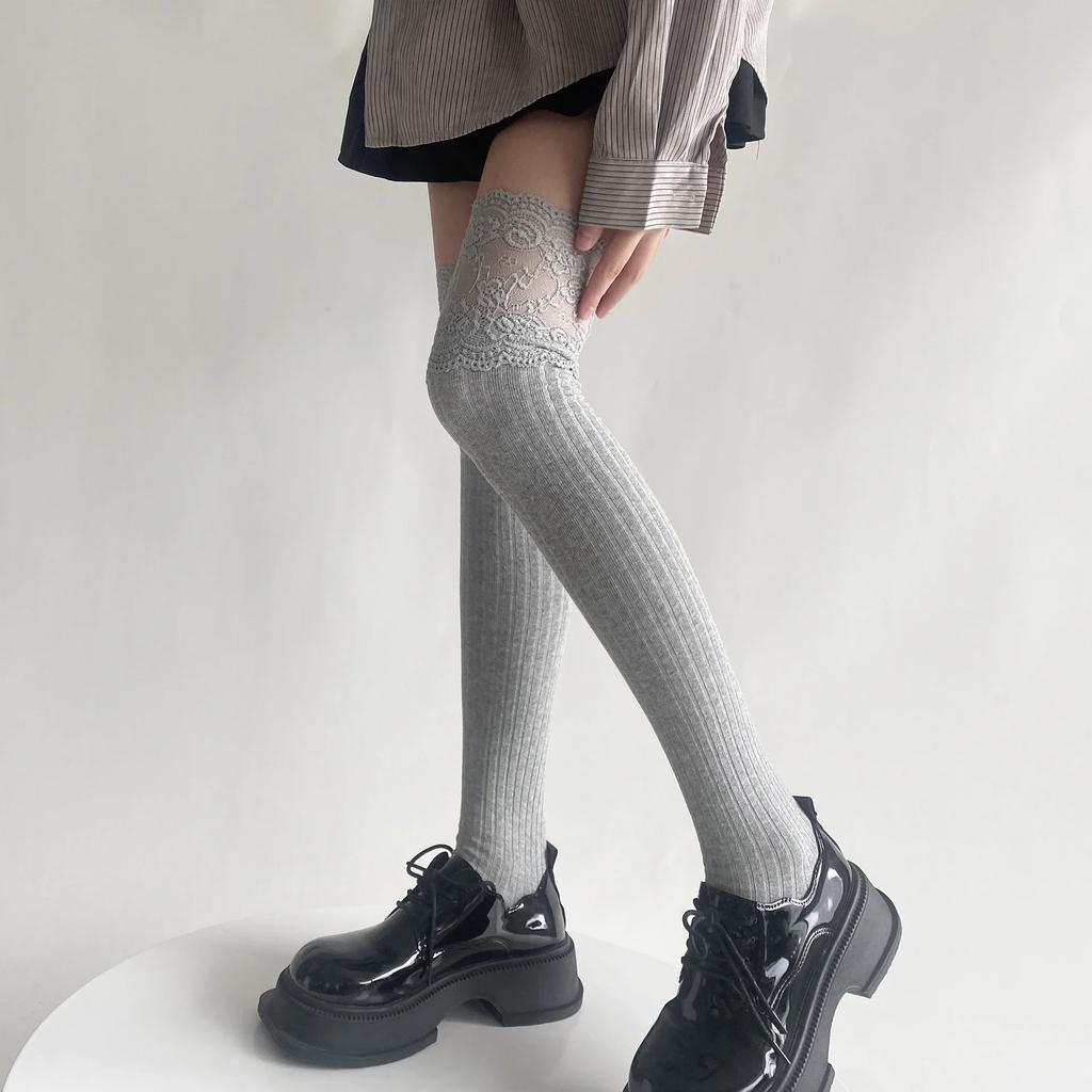 Japanese Fashion Autumn Winter Women Stockings Solid Color Thigh High Socks Lolita Lacework Knee High Socks Thigh High Stockings