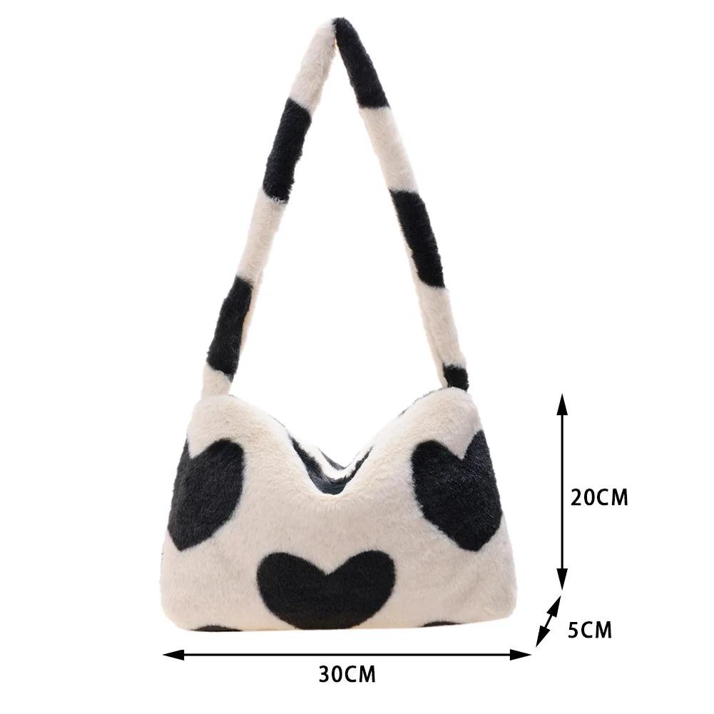 Women Bag Autumn Winter Flower Printed Underarm Bag Fluffy Tote Bag Plush Soft Handbags Ladies Large Capacity Furry Shoulder Bag