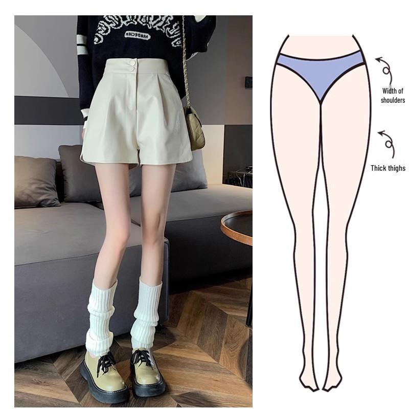 2025 Women's High-Waisted A-Line Black PU Leather Shorts - Autumn/Winter Slimming Wide-Leg Casual Booty Fit