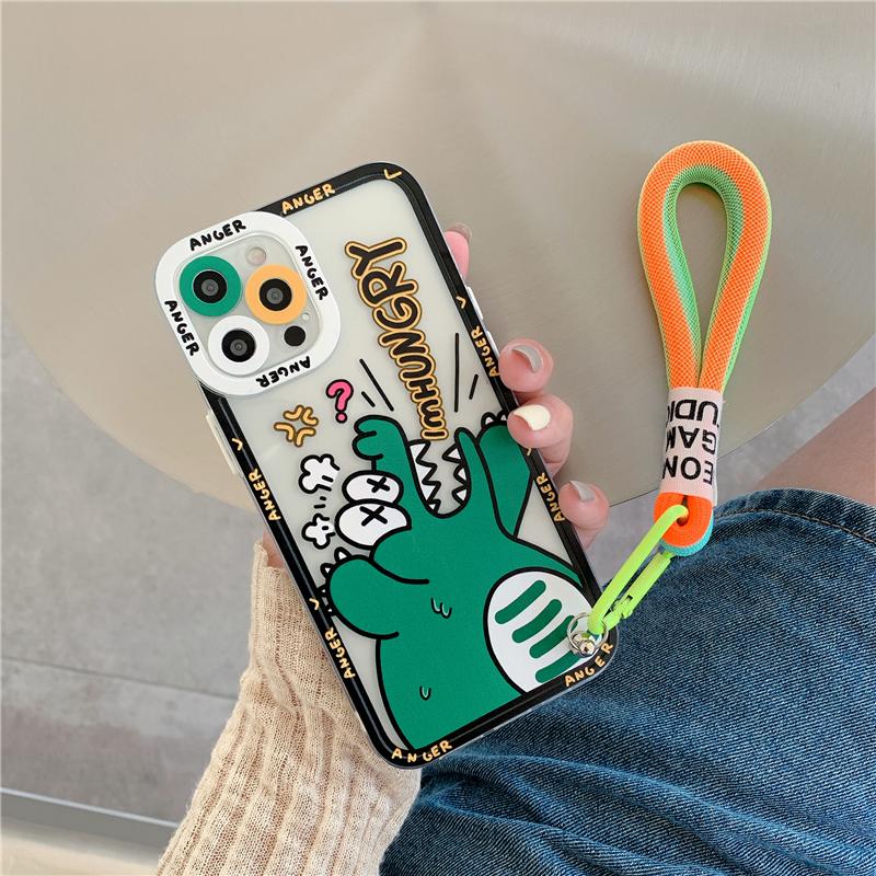 Korea Cute Graffiti Label Tide Crocodile Case for Iphone 14 13 Pro Max 12 11 MiNi XR X XS 7 8 Plus SE Soft Cover With Hand Strap