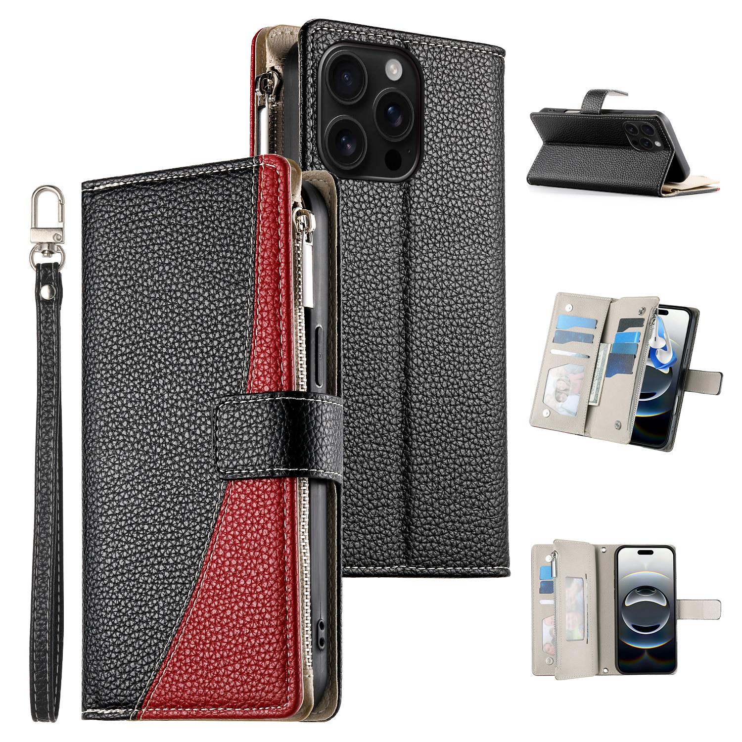 

For iPhone 16 Pro Max Case Zipper Pocket Wallet Color Splicing Leather Flip Phone Cover with Straps Black
