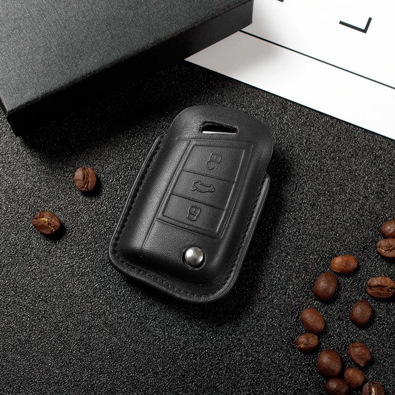Genuine Leather Key Case for Volkswagen Sagitar, Lavida, Tiguan L, Lamando, Bora - 3D Full Wrap & One-Button Start.