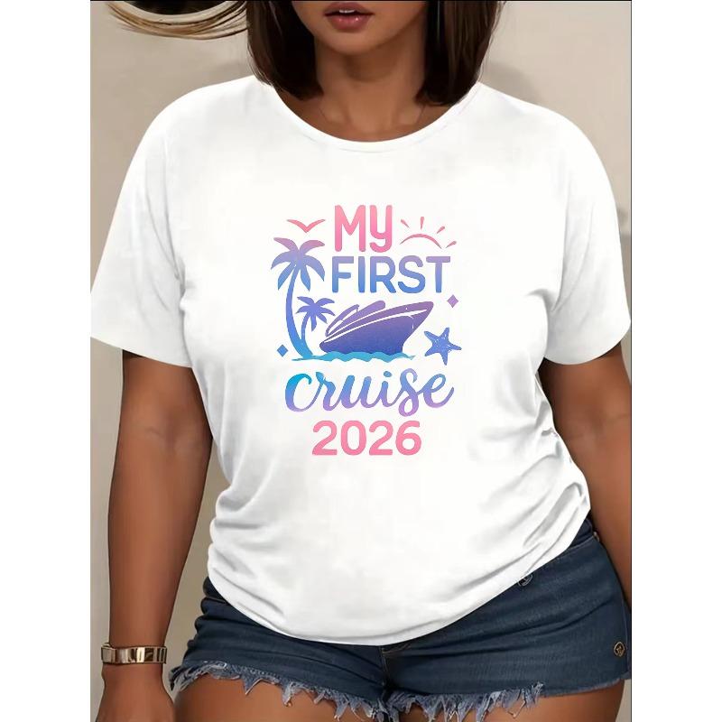 First Cruise Printed T-Shirt Women's Casual Short Sleeve Round Neck Versatile Daily Home Wear Top
