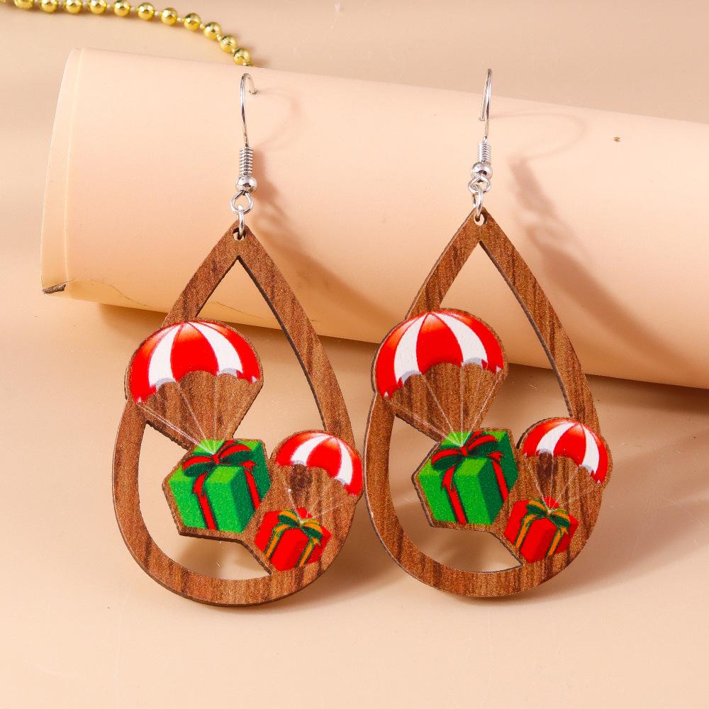 Cross-border Hollow Teardrop Wooden Christmas Earrings with Reindeer and Snowman