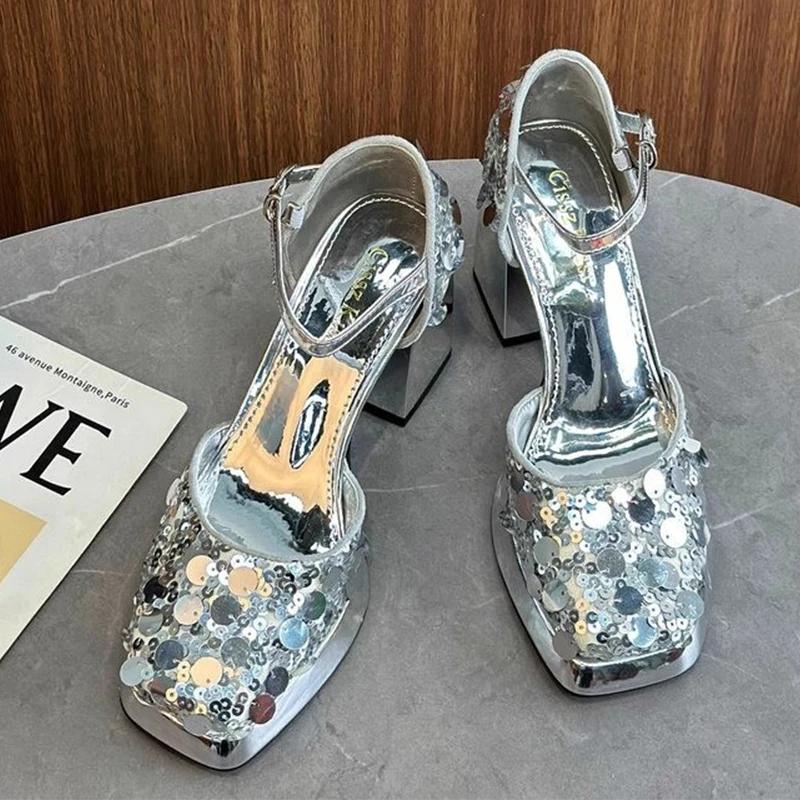 Bling Women's High Heels Sandals Luxury Mary Jane Summer Square Toe Shoes 2025 Designer Party Wedding Chunky Zapatos Mujer