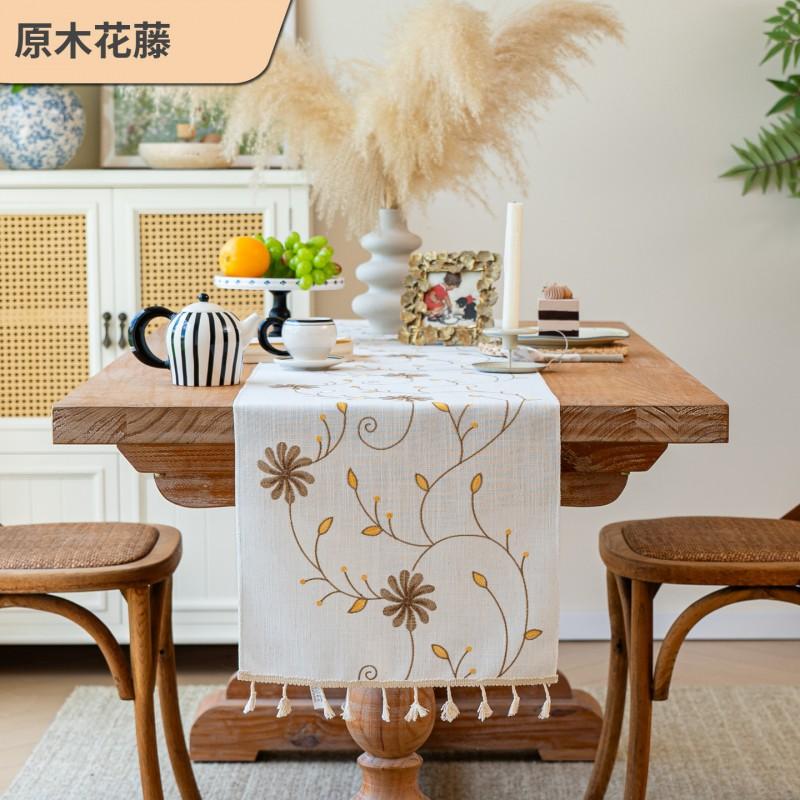 Minimalist Linen Cotton Embroidered Table Runner With Tassels Dining Decor Rustic Floral